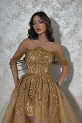 Gold Prom Dress A Line Strapless Sleeveless Beaded Detachable Panel Train Tulle Formal Dress With Pearls